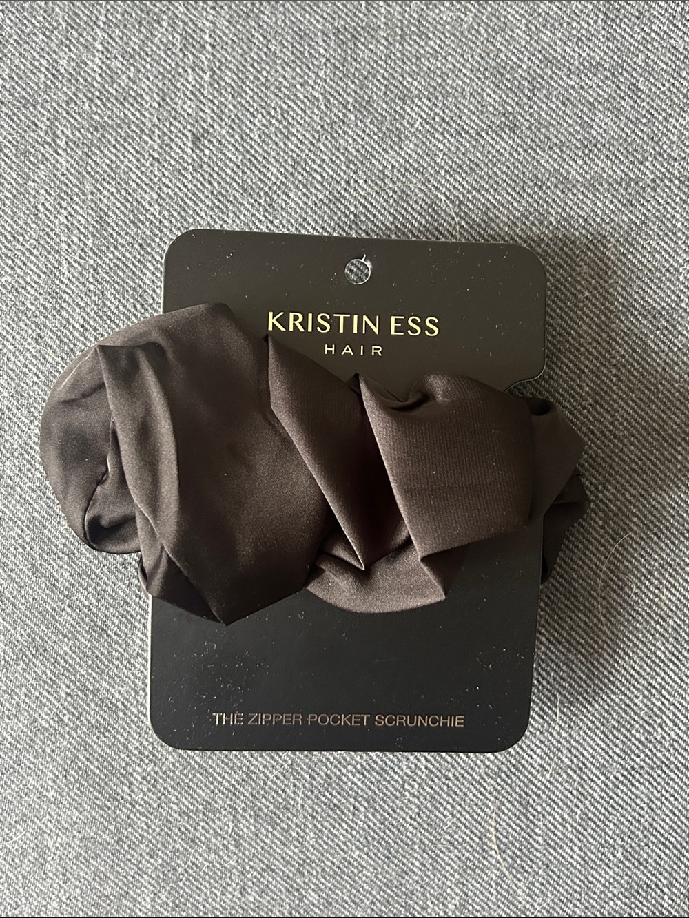 Kristin Ess Brown Satin Zipper Pocket Scrunchie